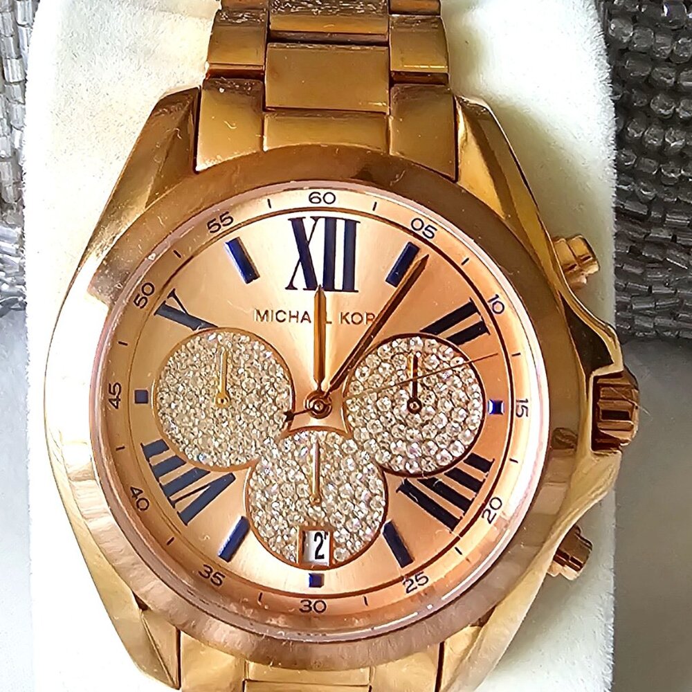 Michael Kors Rose Gold Bradshaw Chrono-Blue Accented Swarovski Crystal Dial RARE